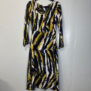 Closet London Long Sleeve Abstract Print Midi Dress Yellow Blue Green US 6